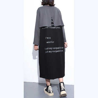 New Gray Fall Dress O Neck Cotton Clothing Dresses Faux Two Pieces Maxi Dresses