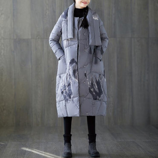 New Gray Print Winter Down Coat Oversized Tassel New Pockets Down Coat