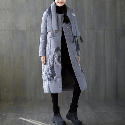 New Gray Print Winter Down Coat Oversized Tassel New Pockets Down Coat