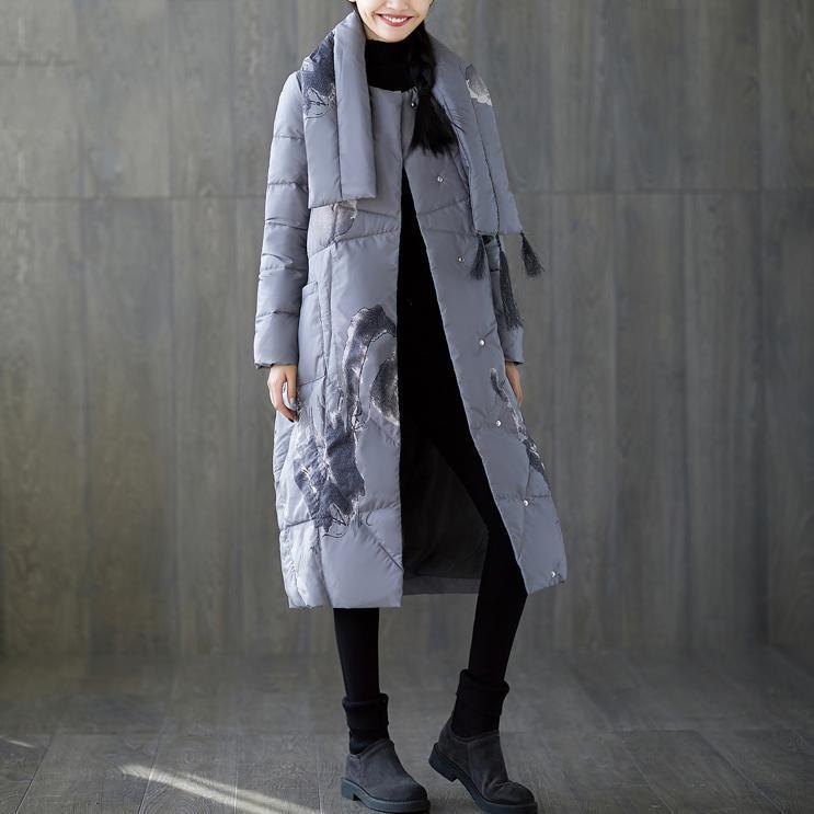 New Gray Print Winter Down Coat Oversized Tassel New Pockets Down Coat