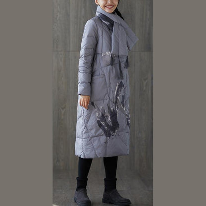 New Gray Print Winter Down Coat Oversized Tassel New Pockets Down Coat