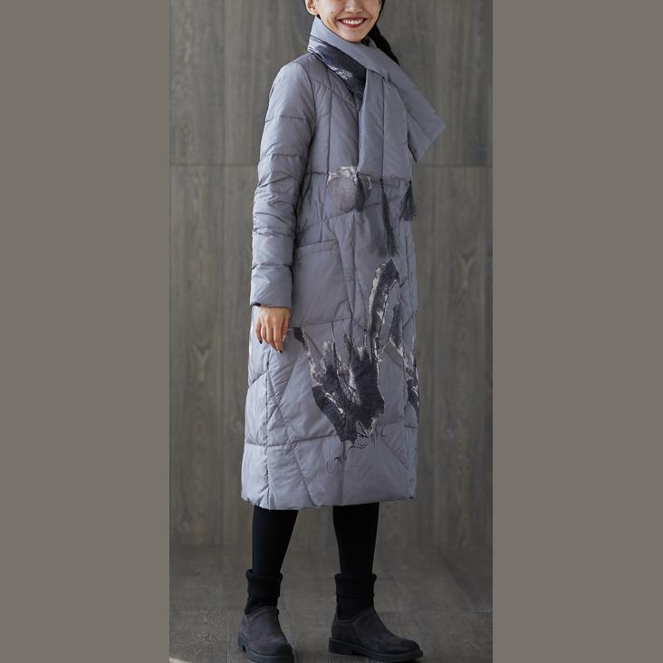 New Gray Print Winter Down Coat Oversized Tassel New Pockets Down Coat