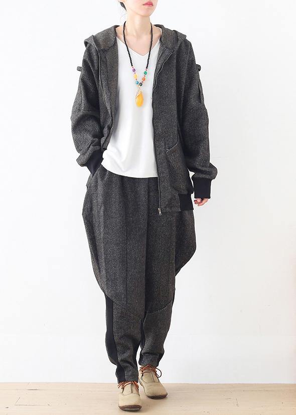 New Heavy Sweater Hooded Loose Zipper Coat and Elastic Waist Pants