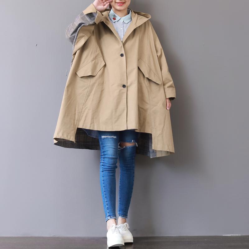 New Khaki Coats Hooded Low High Design Coat Boutique Patchwork Winter Trench Coat