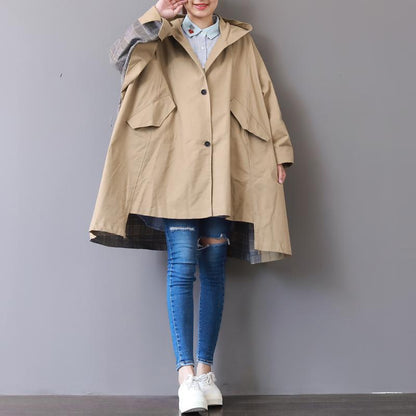 New Khaki Coats Hooded Low High Design Coat Boutique Patchwork Winter Trench Coat