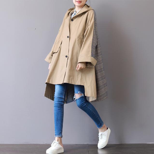 New Khaki Coats Hooded Low High Design Coat Boutique Patchwork Winter Trench Coat