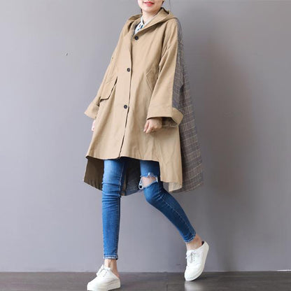 New Khaki Coats Hooded Low High Design Coat Boutique Patchwork Winter Trench Coat
