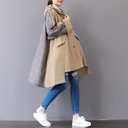 New Khaki Coats Hooded Low High Design Coat Boutique Patchwork Winter Trench Coat