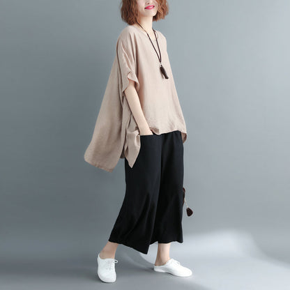 New Khaki Midi-length Cotton Linen T Shirt Loose Fitting Cardigans Short Sleeve O Neck Linen Blouses