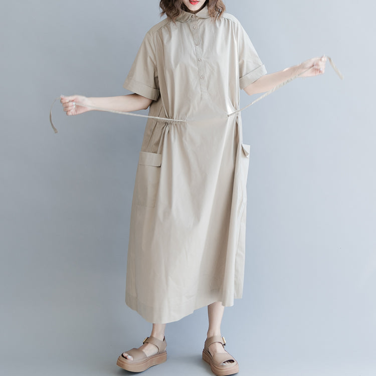 New Khaki Cotton Blended Dress Clothing Traveling Clothing Short Sleeve Pockets Turn-down Collar Baggy Dresses