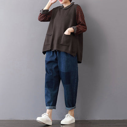 New Khaki Cozy Sweater Loose Fitting Lapel Collar Sweaters Sleeveless Top