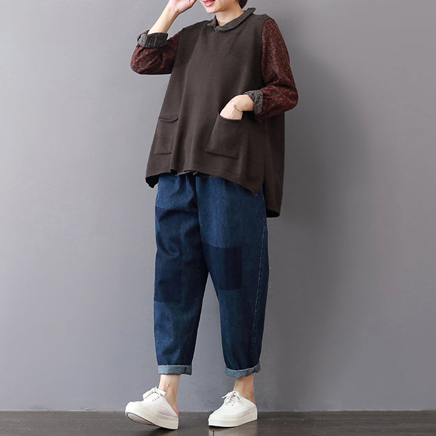 New Khaki Cozy Sweater Loose Fitting Lapel Collar Sweaters Sleeveless Top