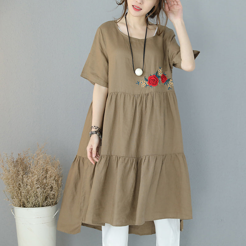 New Khaki Natural Linen Dress Embroidery Linen Clothing Dress 2018short Sleeve Caftans