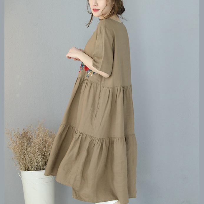 New Khaki Natural Linen Dress Embroidery Linen Clothing Dress 2018short Sleeve Caftans