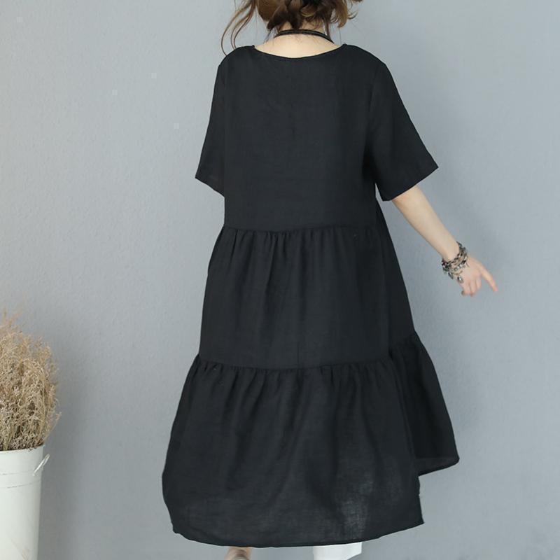 New Khaki Natural Linen Dress Embroidery Linen Clothing Dress 2018short Sleeve Caftans