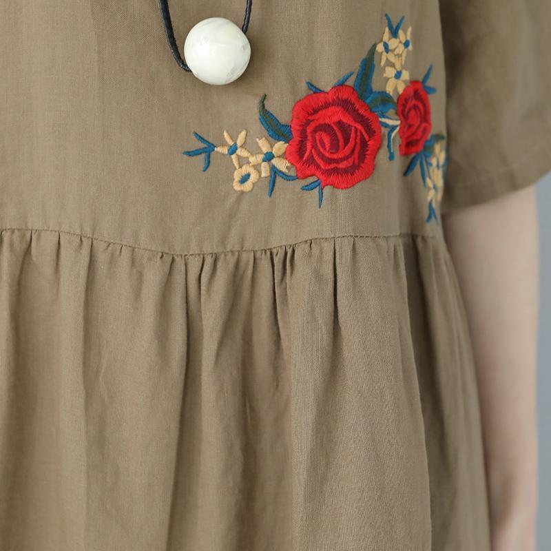 New Khaki Natural Linen Dress Embroidery Linen Clothing Dress 2018short Sleeve Caftans