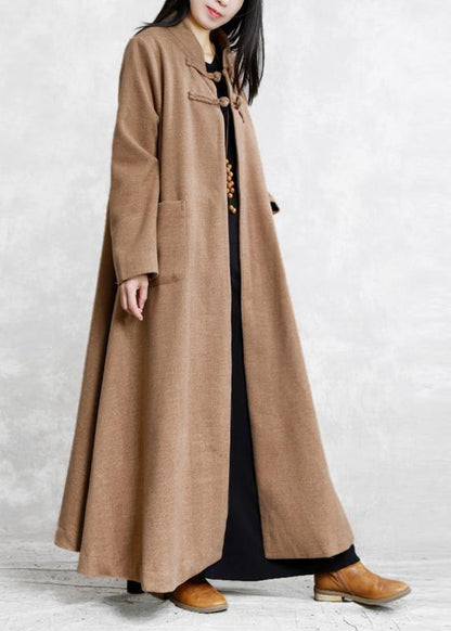 New Khaki Wool Overcoat Stand Collar Chinese Button Long Jackets Outwear