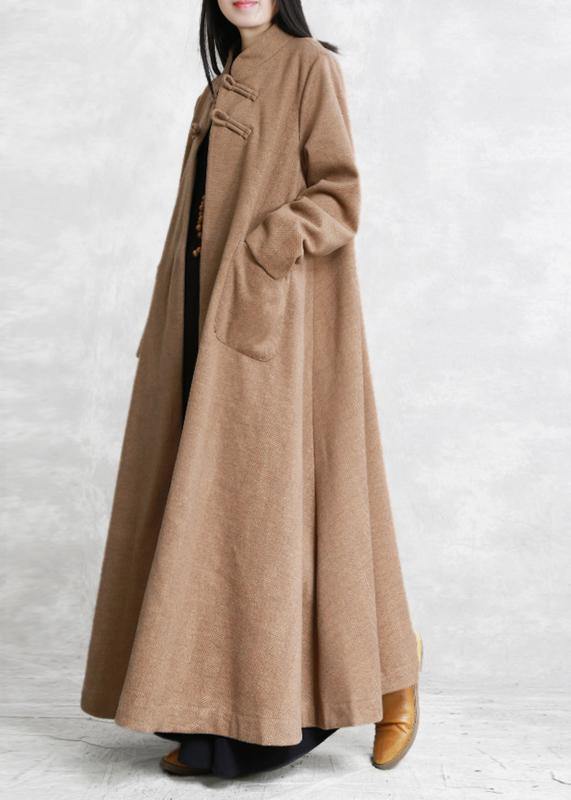 New Khaki Wool Overcoat Stand Collar Chinese Button Long Jackets Outwear