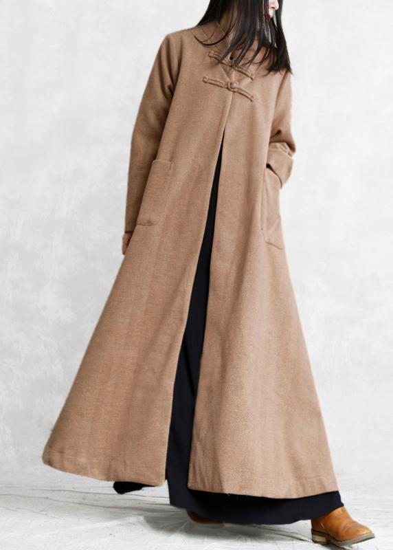 New Khaki Wool Overcoat Stand Collar Chinese Button Long Jackets Outwear