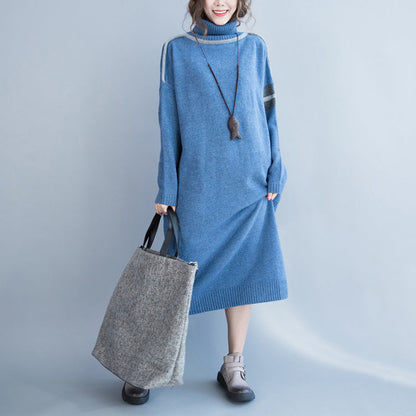 New Light Blue Long Sweaters Clothing Patchwork Winter Dress High Neck Pullover Sweater