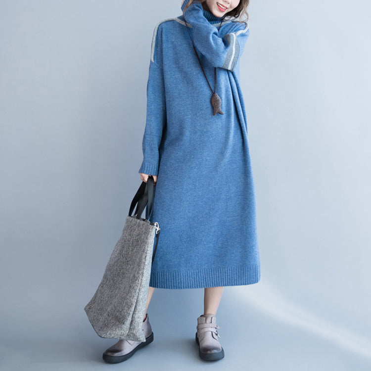 New Light Blue Long Sweaters Clothing Patchwork Winter Dress High Neck Pullover Sweater