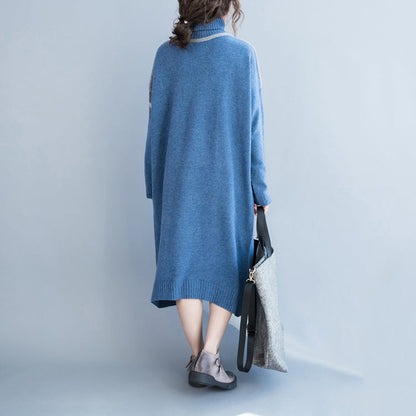 New Light Blue Long Sweaters Clothing Patchwork Winter Dress High Neck Pullover Sweater