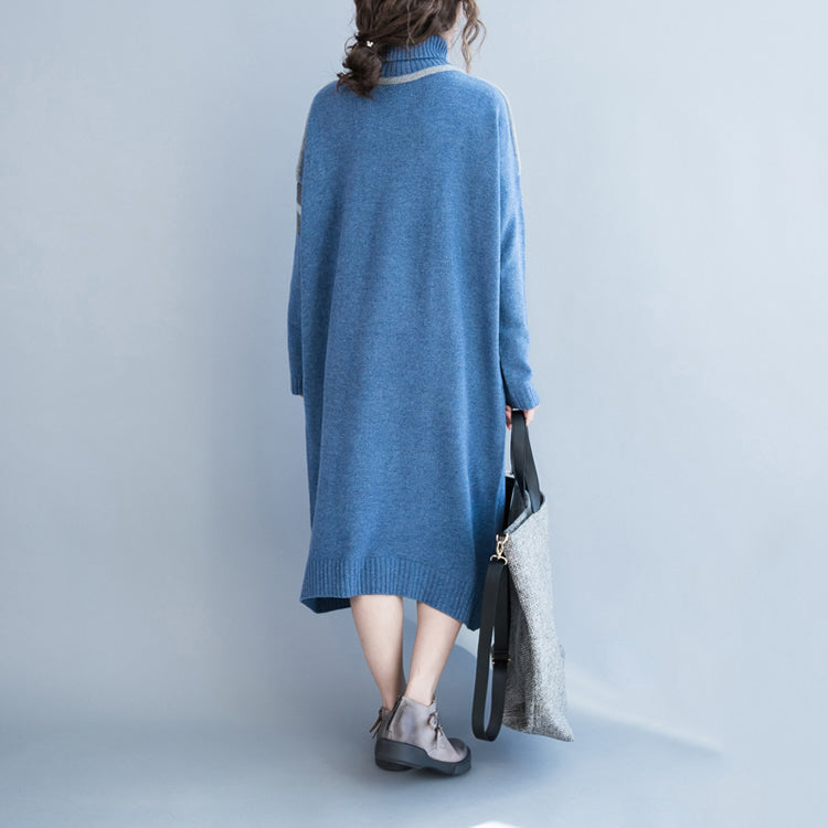 New Light Blue Long Sweaters Clothing Patchwork Winter Dress High Neck Pullover Sweater
