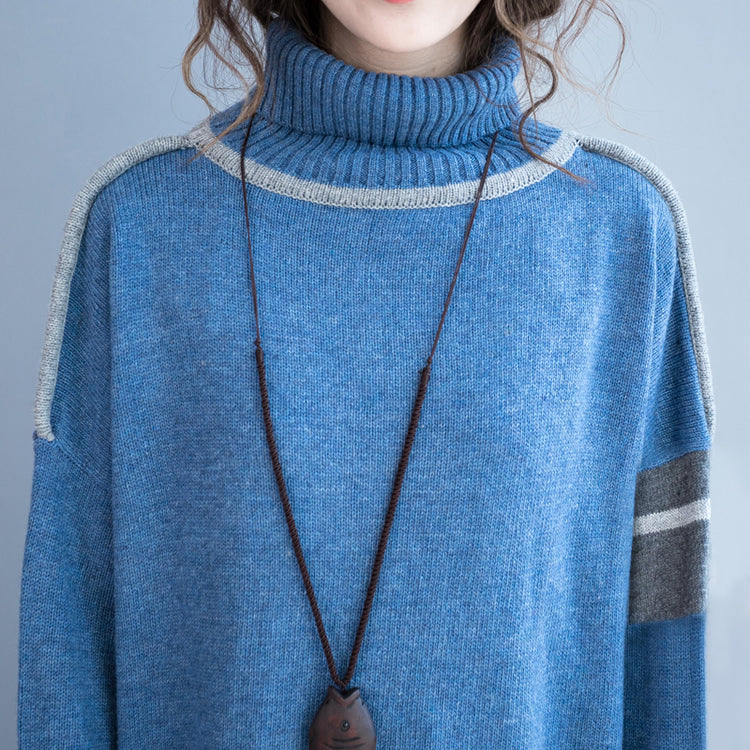 New Light Blue Long Sweaters Clothing Patchwork Winter Dress High Neck Pullover Sweater