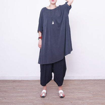 New Light Gray Midi Silk Dresses Oversized Silk Clothing Dress Fine Short Sleeve O Neck Cotton Dresses
