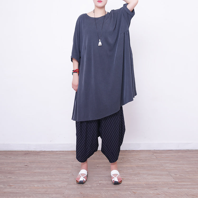 New Light Gray Midi Silk Dresses Oversized Silk Clothing Dress Fine Short Sleeve O Neck Cotton Dresses