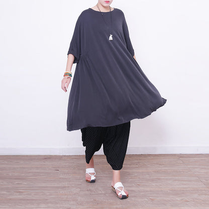 New Light Gray Midi Silk Dresses Oversized Silk Clothing Dress Fine Short Sleeve O Neck Cotton Dresses