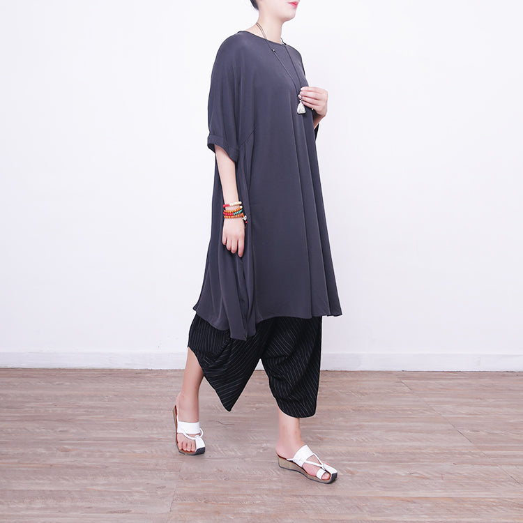 New Light Gray Midi Silk Dresses Oversized Silk Clothing Dress Fine Short Sleeve O Neck Cotton Dresses