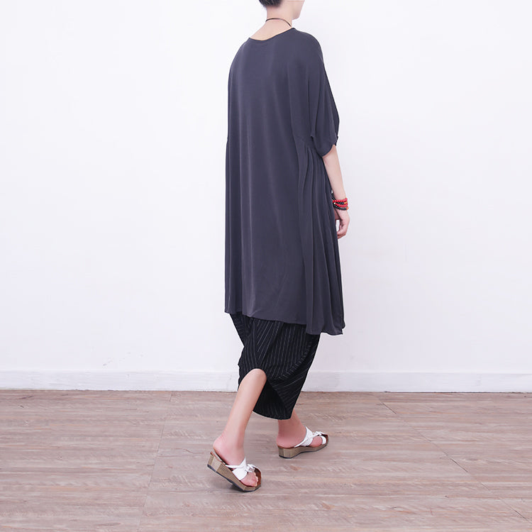 New Light Gray Midi Silk Dresses Oversized Silk Clothing Dress Fine Short Sleeve O Neck Cotton Dresses