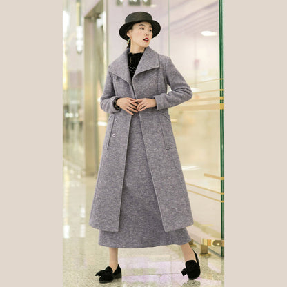 New Light Purple Woolen Outwear Tei Waist Long Coats Pockets Coats