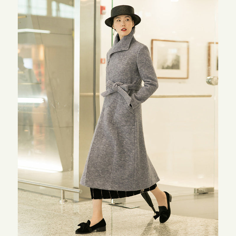 New Light Purple Woolen Outwear Tei Waist Long Coats Pockets Coats