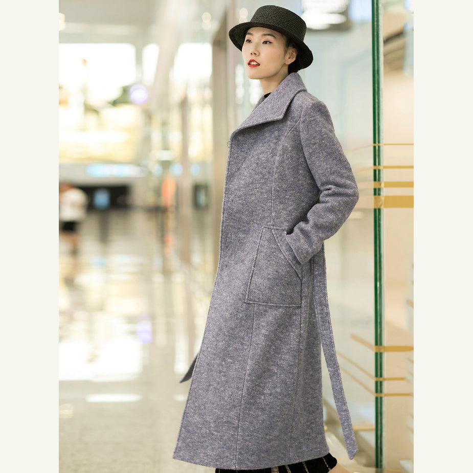 New Light Purple Woolen Outwear Tei Waist Long Coats Pockets Coats