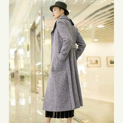 New Light Purple Woolen Outwear Tei Waist Long Coats Pockets Coats