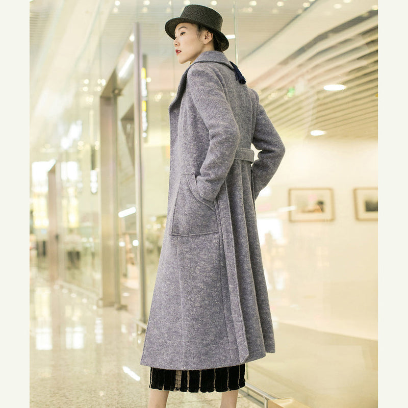 New Light Purple Woolen Outwear Tei Waist Long Coats Pockets Coats