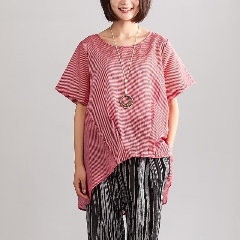 New Linen Blended Summer Top Summer Loose Leisure Short Sleeve Red Stripe Blouse