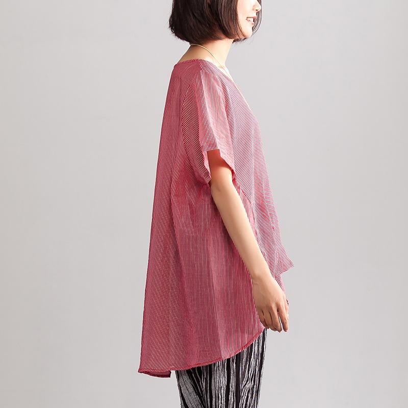 New Linen Blended Summer Top Summer Loose Leisure Short Sleeve Red Stripe Blouse