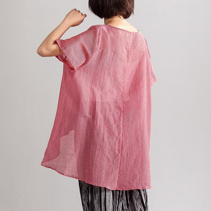 New Linen Blended Summer Top Summer Loose Leisure Short Sleeve Red Stripe Blouse