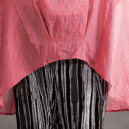 New Linen Blended Summer Top Summer Loose Leisure Short Sleeve Red Stripe Blouse