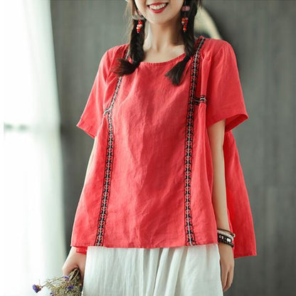 New Linen Blouse Loose Fitting Loose Pleated Ramie Pullover Blouse