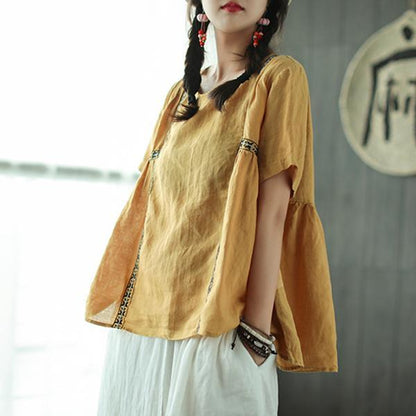 New Linen Blouse Loose Fitting Loose Pleated Ramie Pullover Blouse