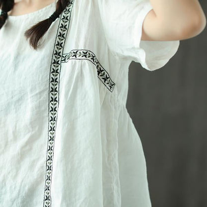 New Linen Blouse Loose Fitting Loose Pleated Ramie Pullover Blouse