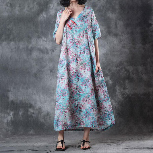 New Linen Summer Dress Loose Fitting Retro V Neck Short Sleeve Printed Ramie Dress