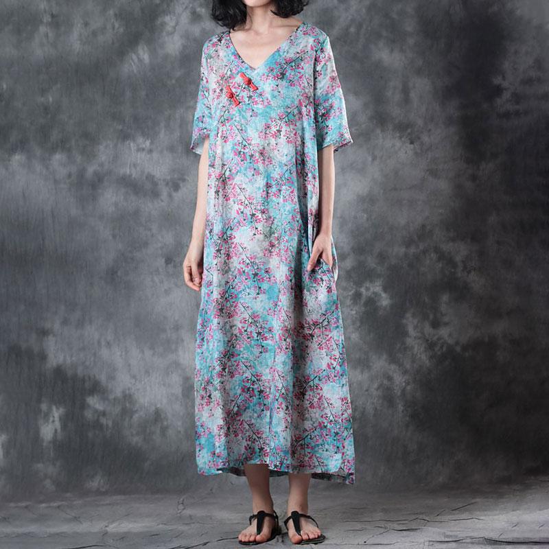 New Linen Summer Dress Loose Fitting Retro V Neck Short Sleeve Printed Ramie Dress