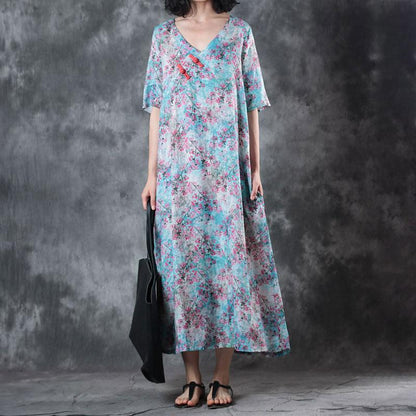 New Linen Summer Dress Loose Fitting Retro V Neck Short Sleeve Printed Ramie Dress