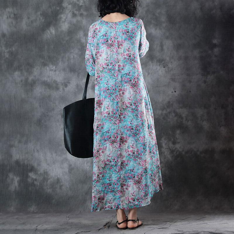 New Linen Summer Dress Loose Fitting Retro V Neck Short Sleeve Printed Ramie Dress