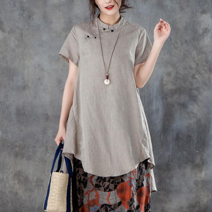 New Linen Tops Stand Collar Short Sleeve Irregular Khaki Tops
